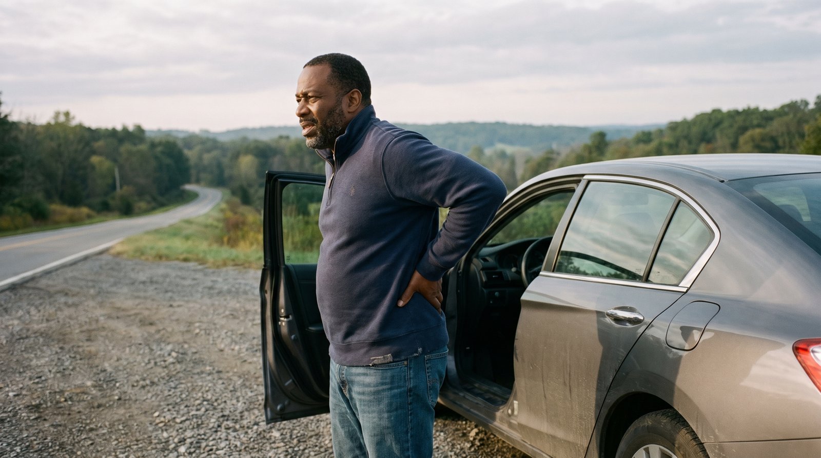 Man stretching his lower back beside his car after a long drive, a common time for sit bone pain to flare