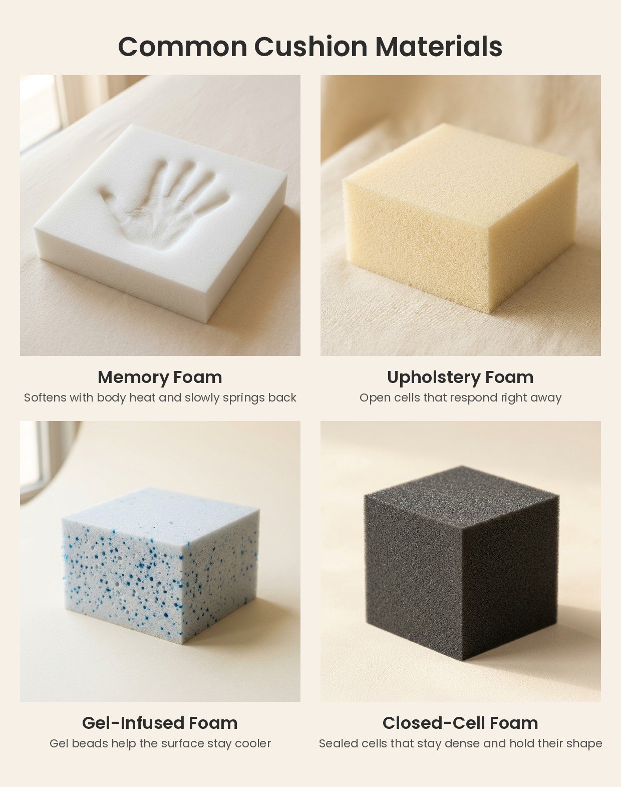 Four foam samples compared: memory foam with a handprint, upholstery foam, gel-infused foam with blue gel beads, and dense closed-cell foam