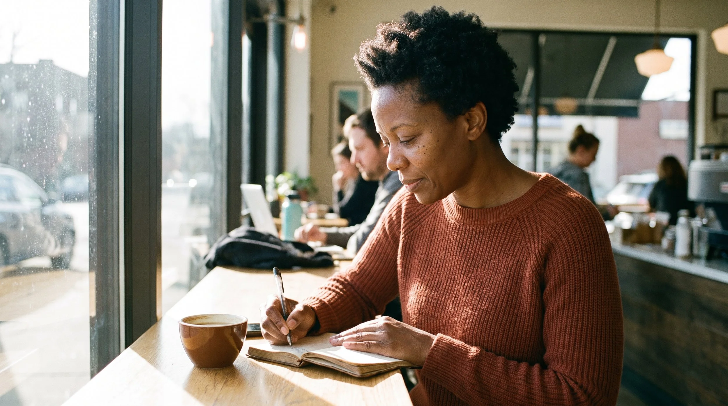Woman in her late 40s writing in a notebook at a sunny cafe window with a cup of coffee