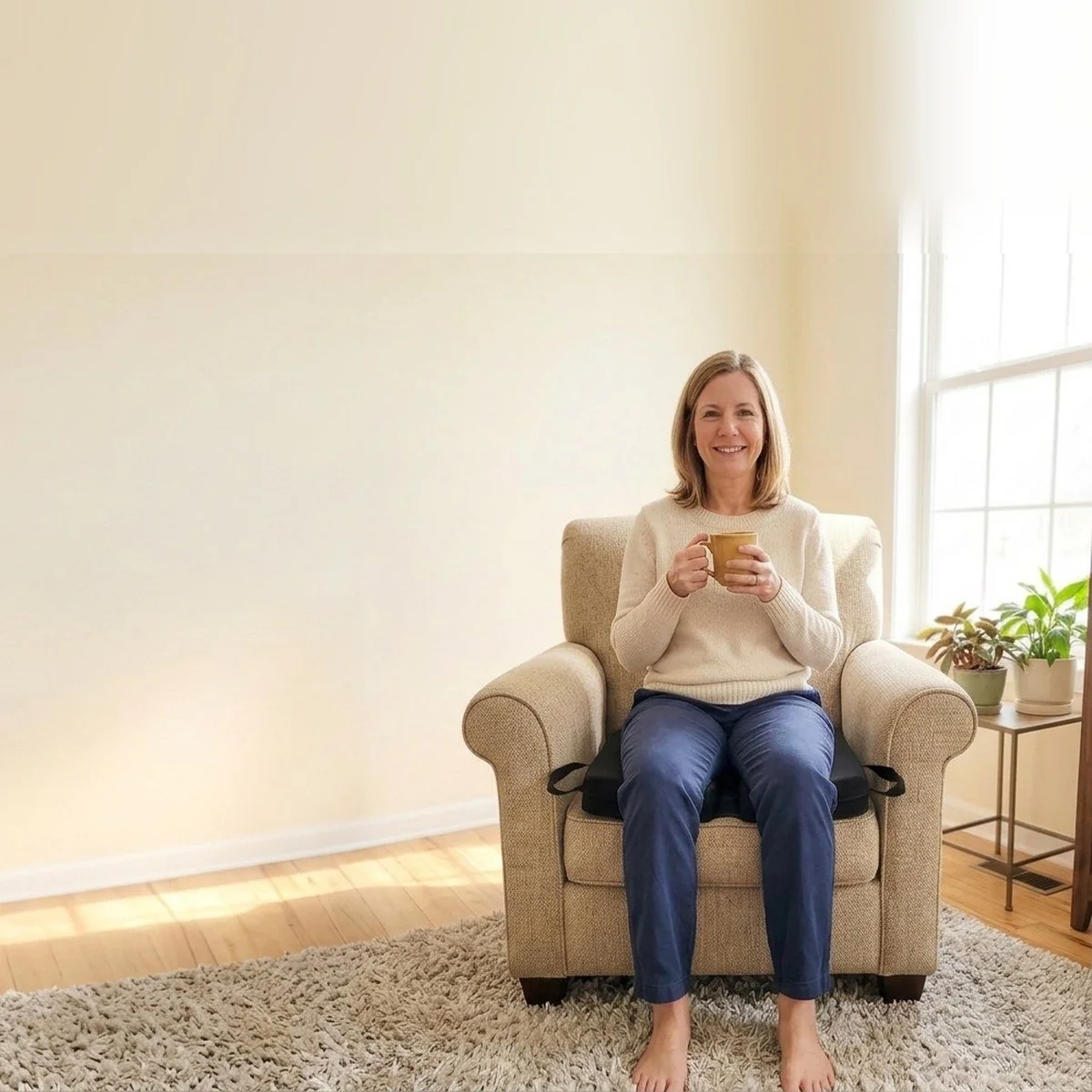 Woman sitting upright and relaxed in a sunlit armchair on a black Twin Cheeks cushion, feet flat, holding a mug of tea