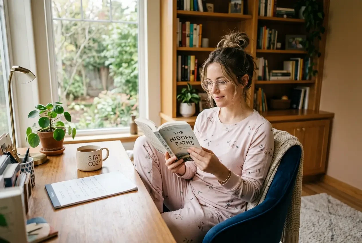 Woman sitting at a home office desk in cozy pajamas reading a book, calm and relaxed