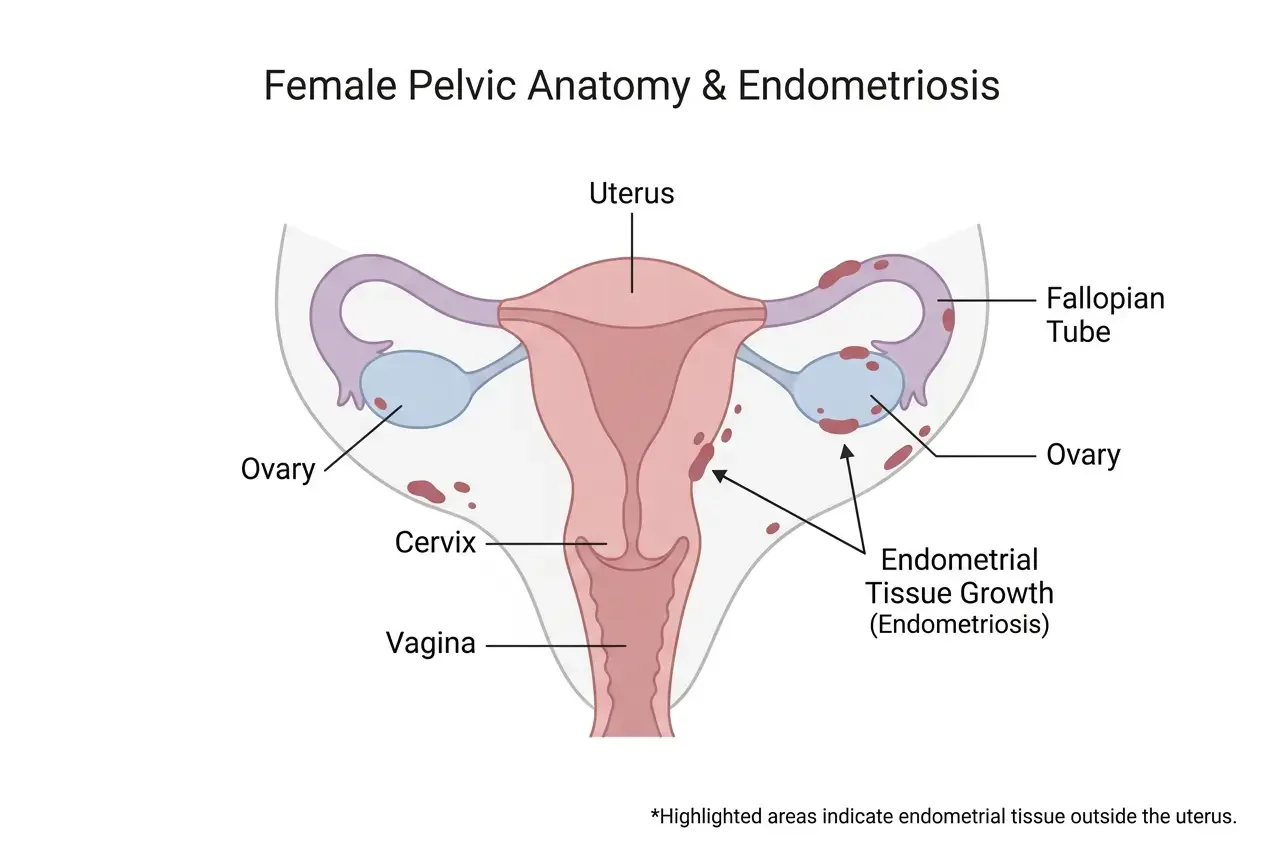 Diagram showing endometriosis tissue growth in the pelvic area