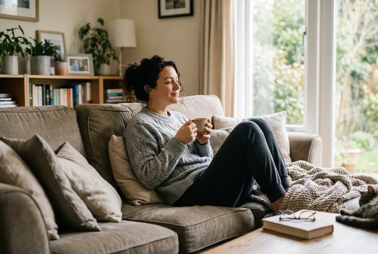A woman sitting on a couch comfortably enjoying being pain free from endometriosis