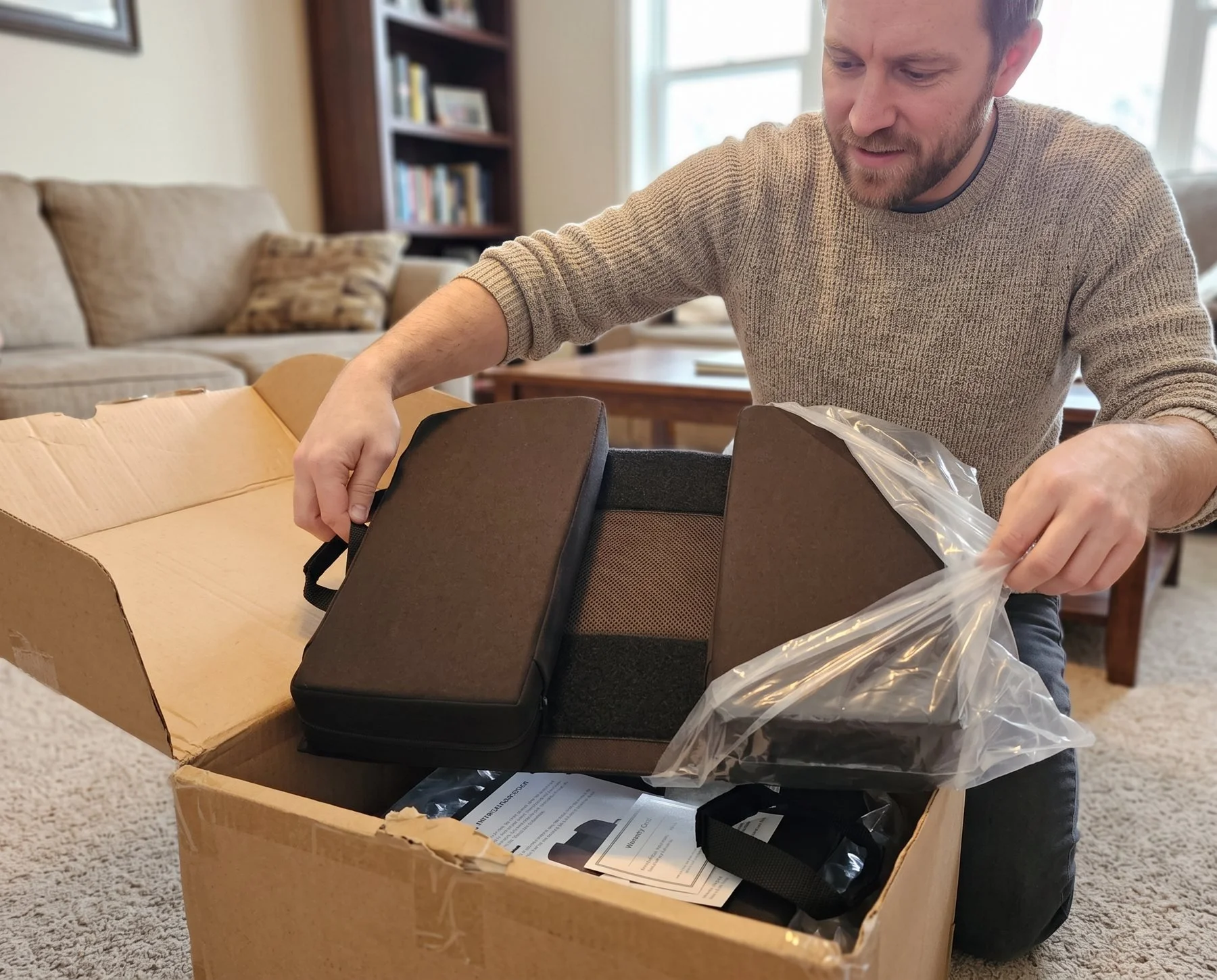 Man opening a shipping box and lifting out his new Twin Cheeks two-panel seat cushion