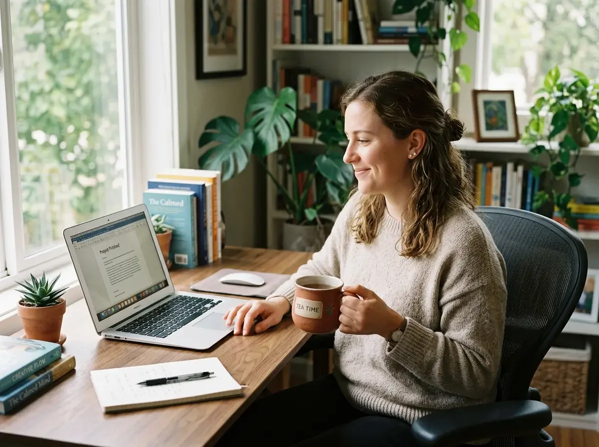 Person sitting comfortably at a home desk with a cup of tea, looking at a laptop with a calm and relaxed expression