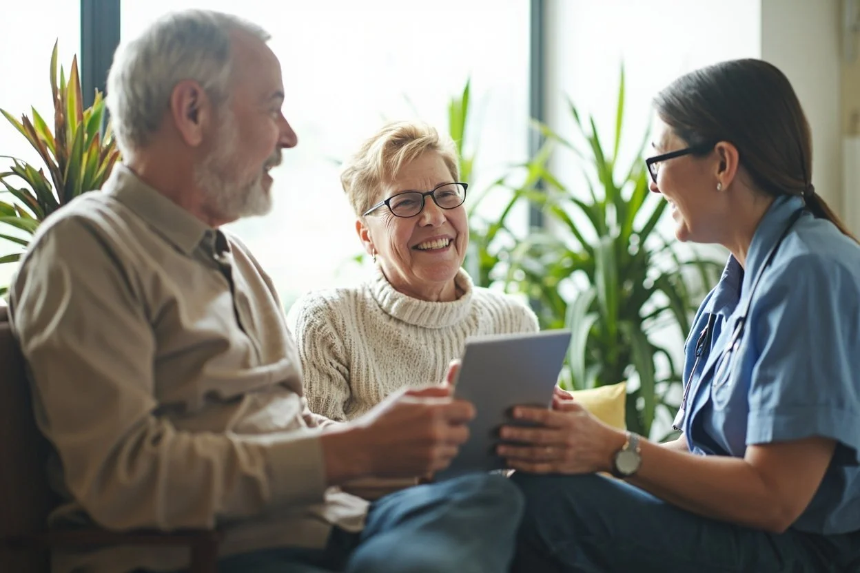 Couple in their sixties talking with a provider in a bright clinic office