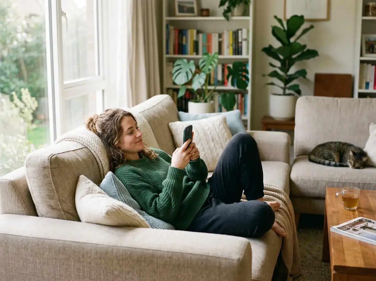 Person relaxing on a couch with a phone in hand, soft natural light, calm and at ease