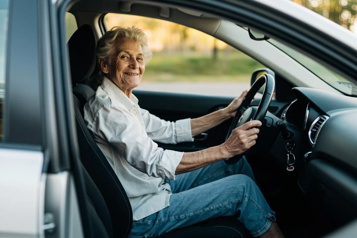 Smiling older woman sitting in a car's driver seat with her hands on the steering wheel