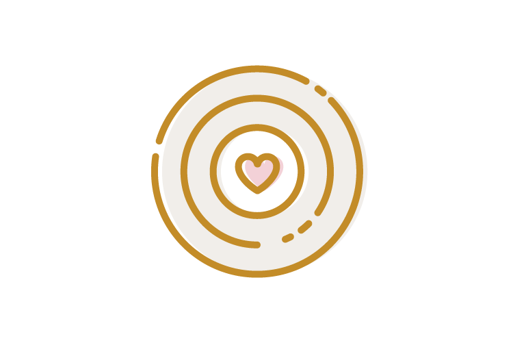 A stylized icon showing 3 concentric circles in pink, cream, and gold, with a heart at the center