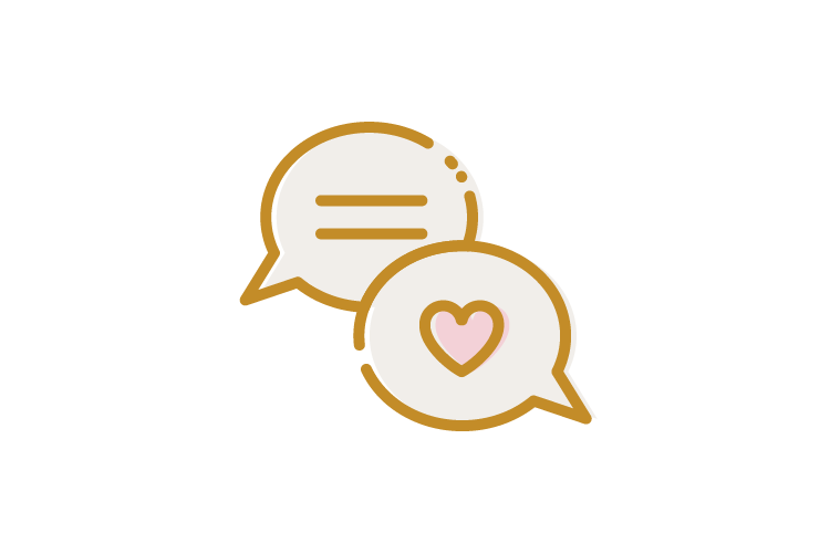 Two speech bubbles, one with lines representing text and the other with a pink heart, indicating communication or conversation about love.