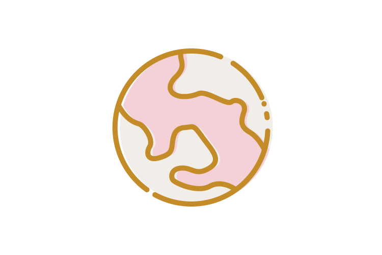 A stylized icon of the Earth in pink, cream, and gold