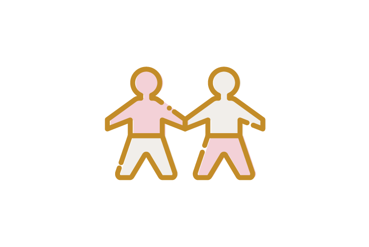A stylized icon of a paper doll chain in pink, cream, and gold