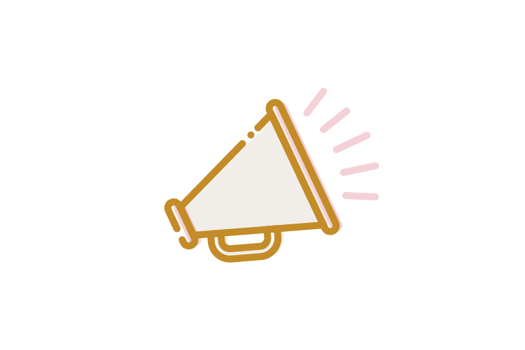 A stylized icon of a megaphone in pink, cream, and gold