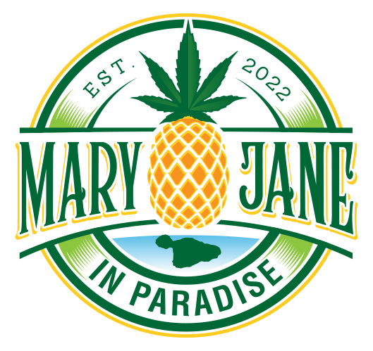 Logo featuring a pineapple with a marijuana leaf on top, encircled by the text 'Mary Jane in Paradise', established 2022, with a green, yellow, and blue color scheme.