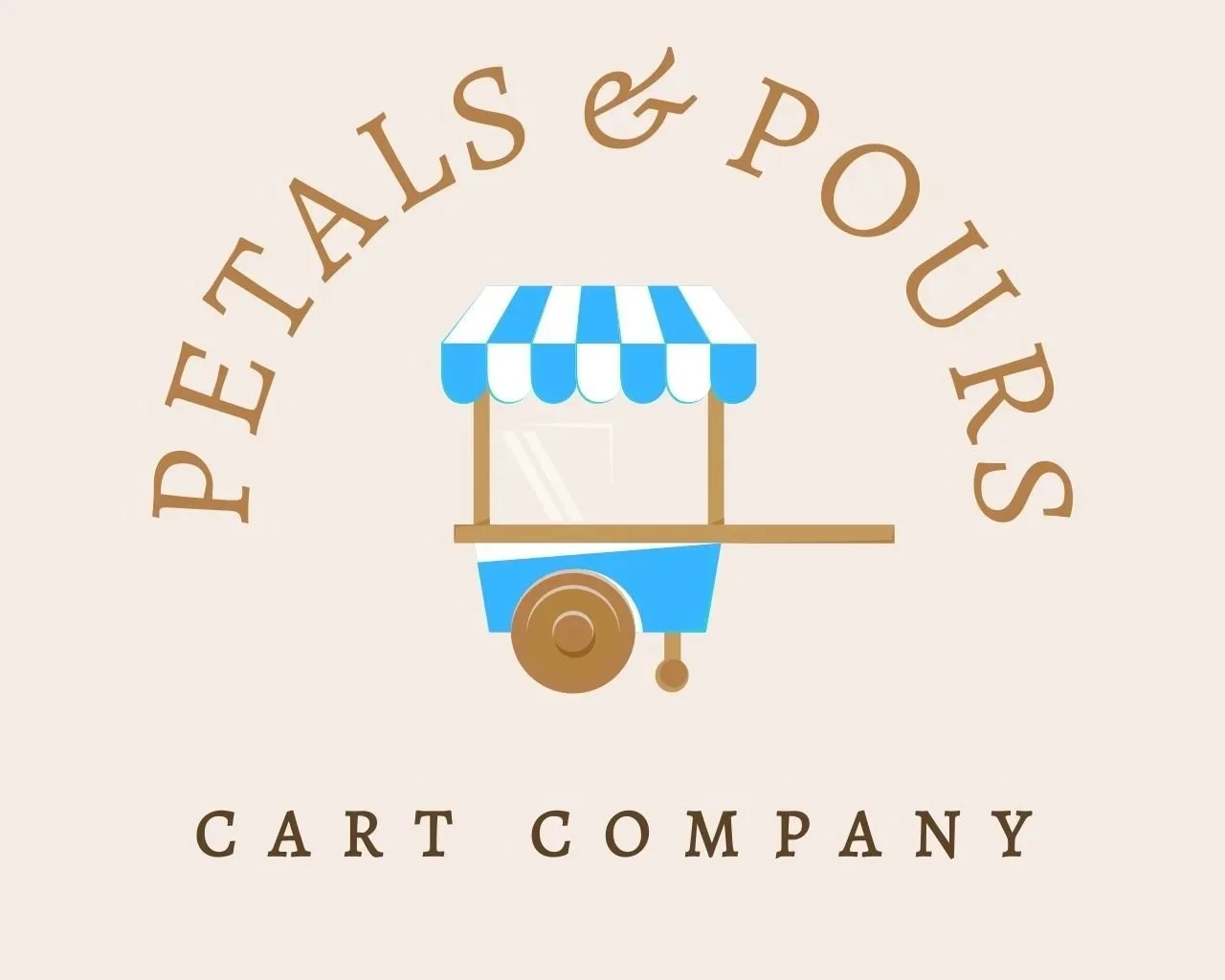 Logo of Penalties & Pours Cart Company featuring a blue and white striped awning over a cart with a blue lower part and a brown wheel, with the company name arched above and 'Cart Company' written below.