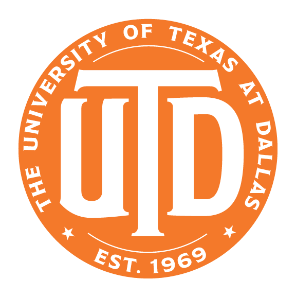 The logo of The University of Texas at Dallas featuring an orange circular seal with the university's abbreviation 'UTD' in large white letters, surrounded by the text 'The University of Texas at Dallas' and 'Est. 1969'.