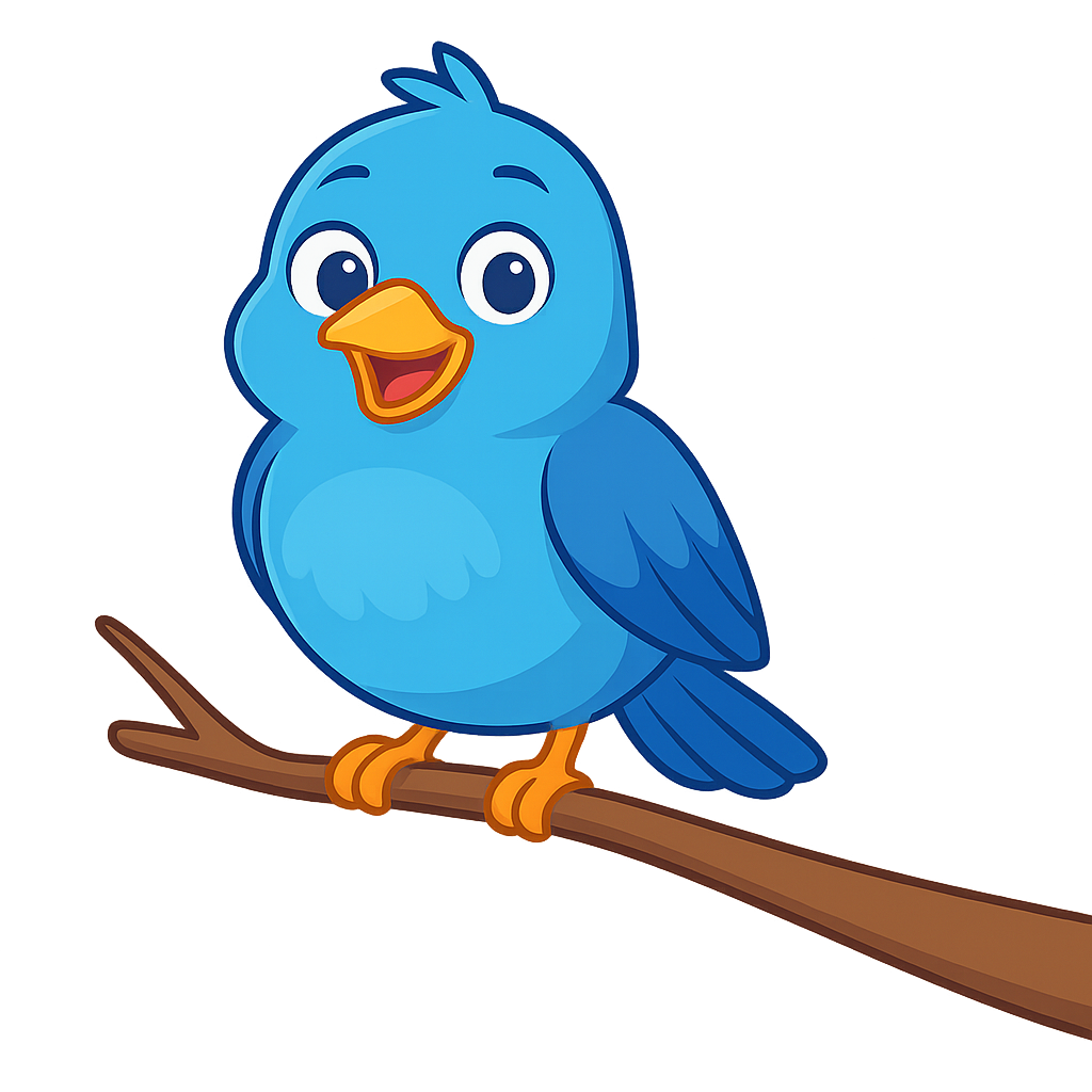 Cartoon blue bird with large eyes and an orange beak, perched on a branch against a dark background.