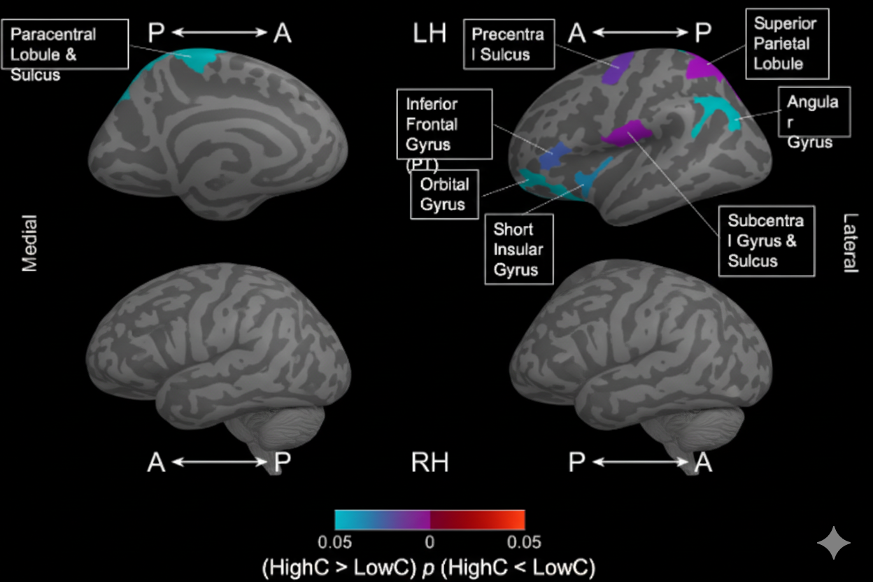Diagram of the human brain with labeled regions including paracentral lobule, sulcus, precentral, superior parietal lobule, angular gyrus, subcentral gyrus, and various gyri, with lateral and medial views showing cortical areas involved in brain structure