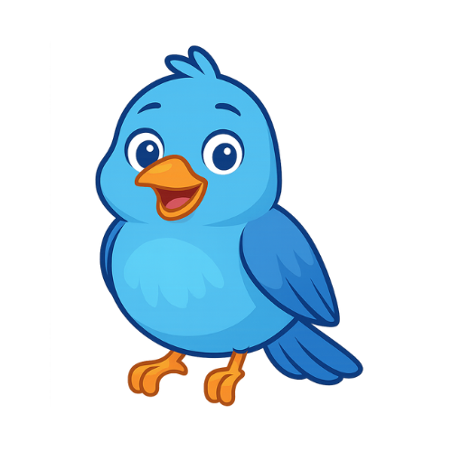 A cute animated blue bird with a cheerful expression, standing on its orange feet, against a plain background.