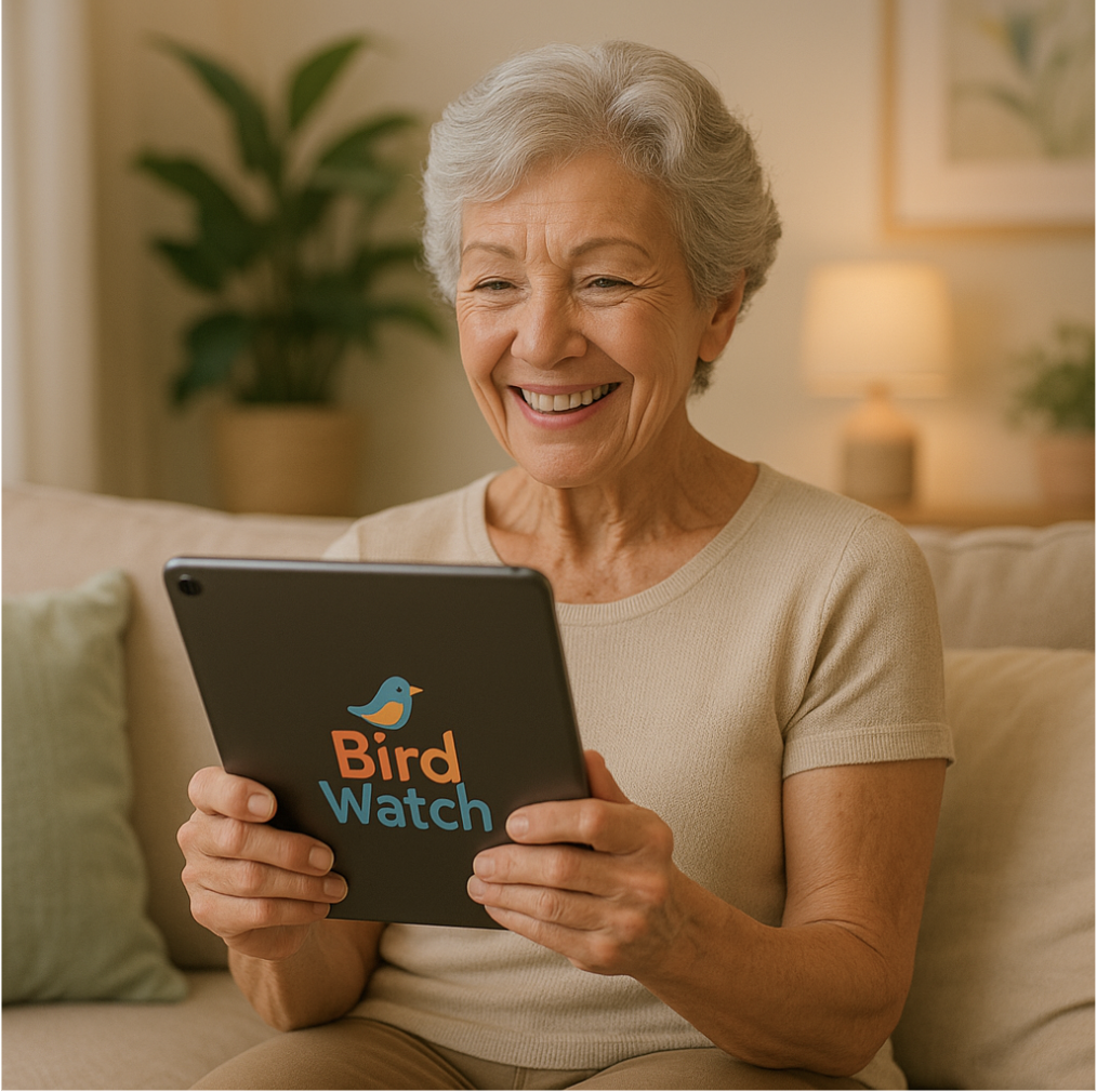 An elderly woman with gray hair smiling while looking at a tablet with a sticker that says 'Bird Watch' and depicts a small blue bird on it, sitting on a beige sofa in a cozy living room.