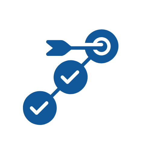 A graphic showing an arrow hitting a bullseye, with two checkmarks connected along a line leading toward the target.