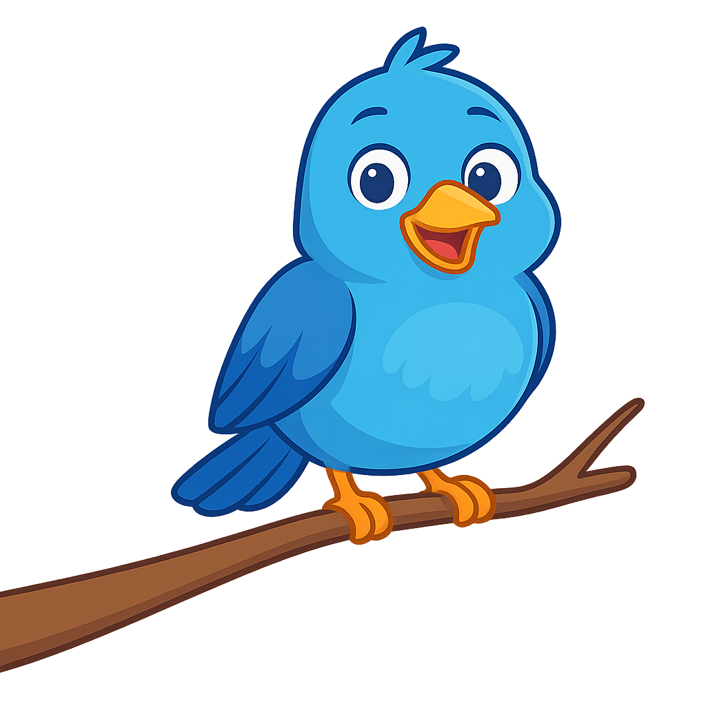 Cartoon blue bird with yellow beak, sitting on a brown tree branch, smiling with open mouth.