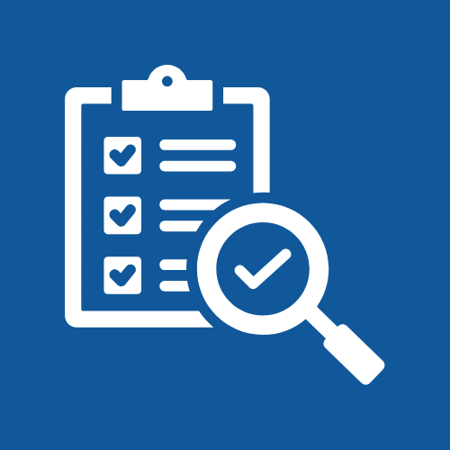 Icon of a clipboard with checkmarks and a magnifying glass with a checkmark, representing inspection or review.