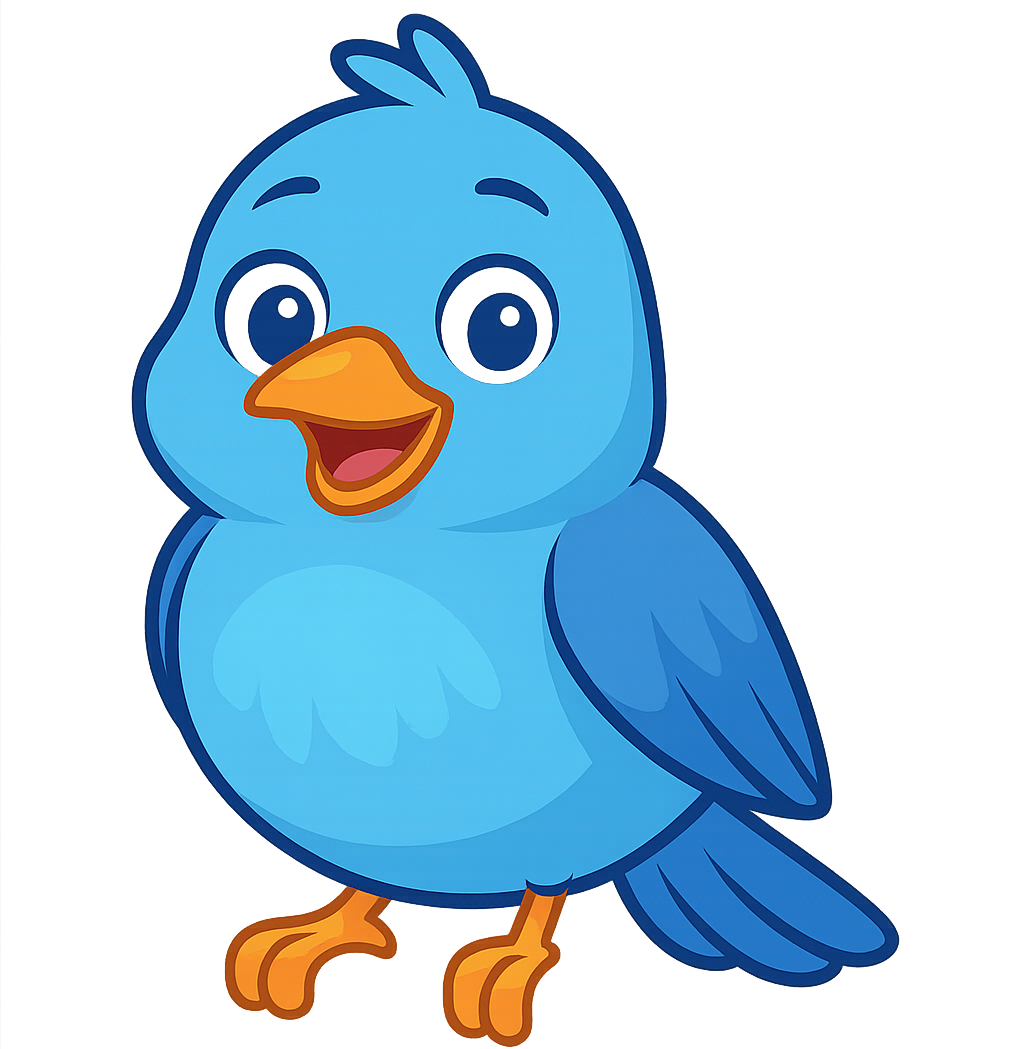Cartoon blue bird with big eyes and an orange beak, smiling and standing on yellow feet.