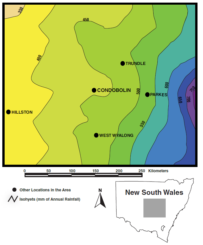 Topographic map of a region in South Wales showing elevation contours and locations of Hillston, Condobolin, Trundle, Parkes, and West Wyalong. Contains a small inset map of New South Wales with the area highlighted.