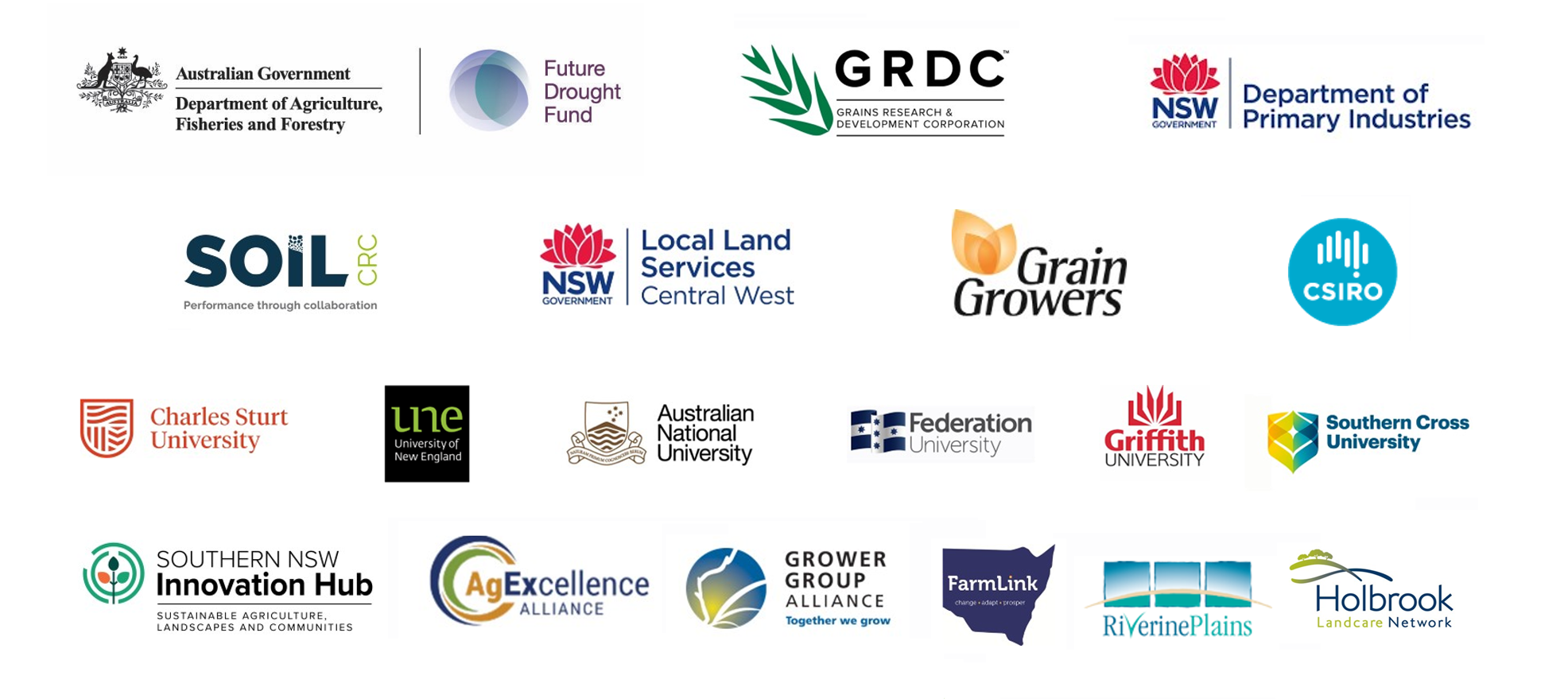 A collection of logos from various Australian government departments, universities, research organizations, and local initiatives related to agriculture, research, and innovation.