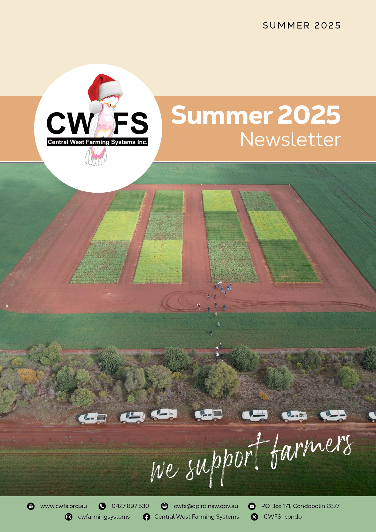 The cover of a newsletter titled 'Central West Farming Systems Inc. Summer 2025 Newsletter'. It features an aerial view of a farm with rectangular crop plots, a group of people working on the field, and a row of parked white vehicles along the bottom. The top of the cover has the CNSWF logo with a cartoon sheep wearing a Santa hat, and the text 'we support farmers' at the bottom.