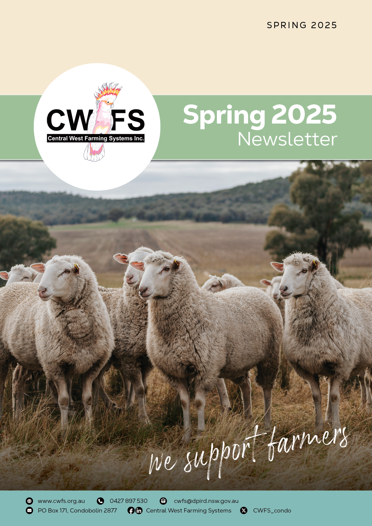 Cover page of Central West Farming Systems Inc. Spring 2025 newsletter featuring sheep in a pasture with rolling hills in the background.