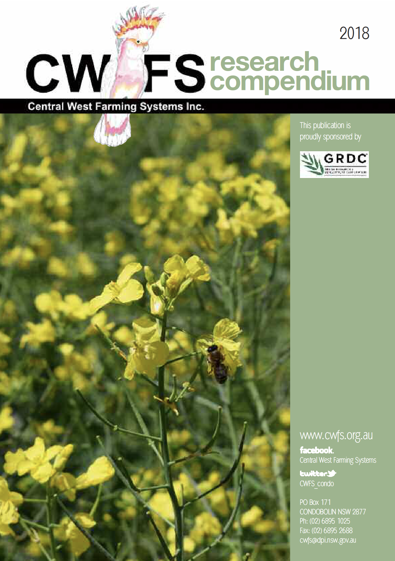 Cover page of the 2018 CWFS research compendium featuring yellow flowering plants and a bee, with logos and sponsorship information.