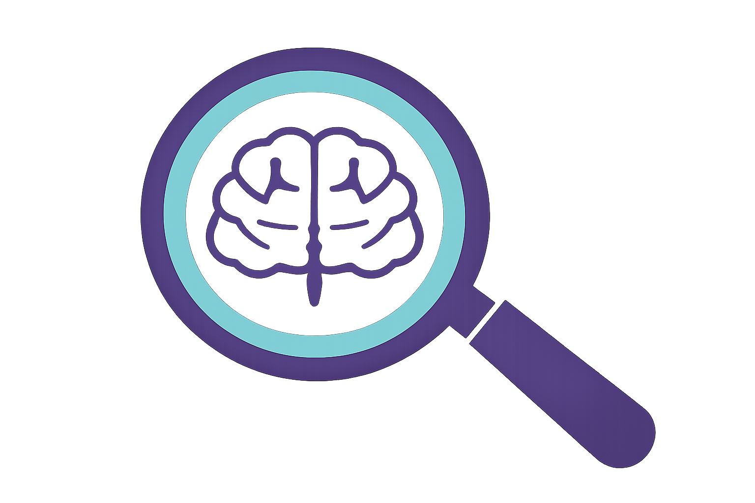 Magnifying glass icon with a white brain in the center, purple handle, and teal ring on a transparent background, representing mental health, therapy, and counseling services.