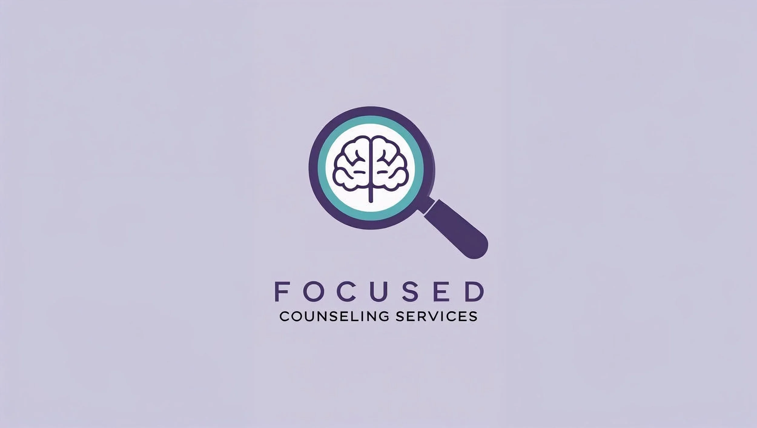Logo for Focused Counseling Services with a purple and teal magnifying glass centered over a brain graphic