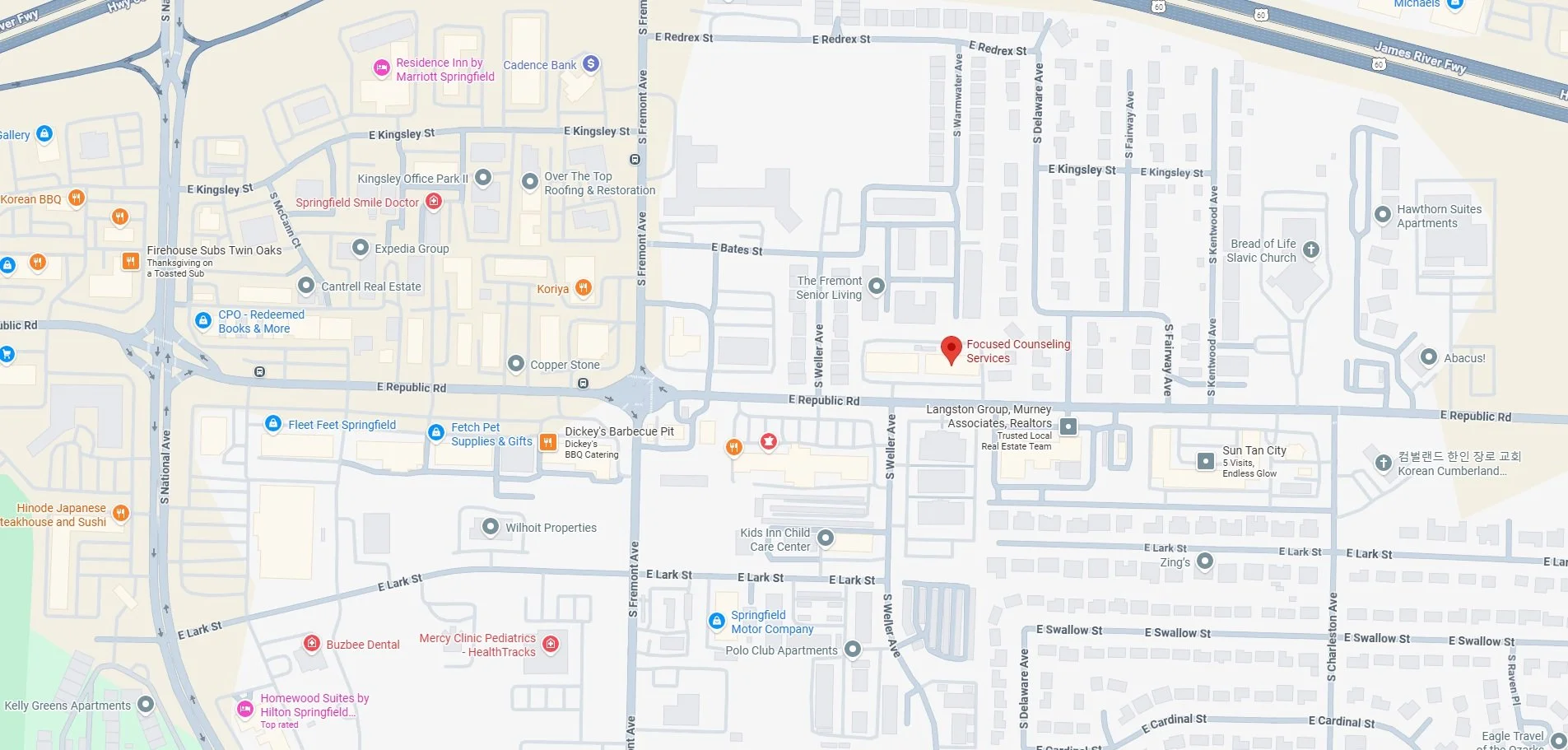 Map of Springfield, Missouri showing streets, businesses, and landmarks including Focused Counseling Services to the east, and other local points of interest like restaurants, apartments, and churches.
