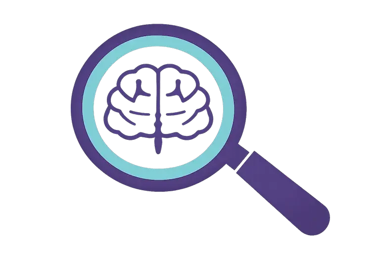 Magnifying glass icon with a white brain in the center, purple handle, and teal ring on a transparent background, representing mental health, therapy, and counseling services.