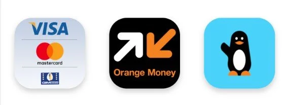 Trois icônes d'applications de paiement et de portefeuille numérique : Visa et MasterCard, Orange Money, et Penguin.