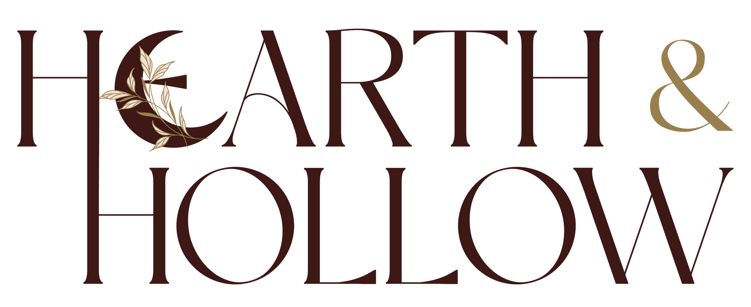 Elegant logo with the text 'Hearth & Hollow' in dark brown and gold, featuring a decorative leafy branch.