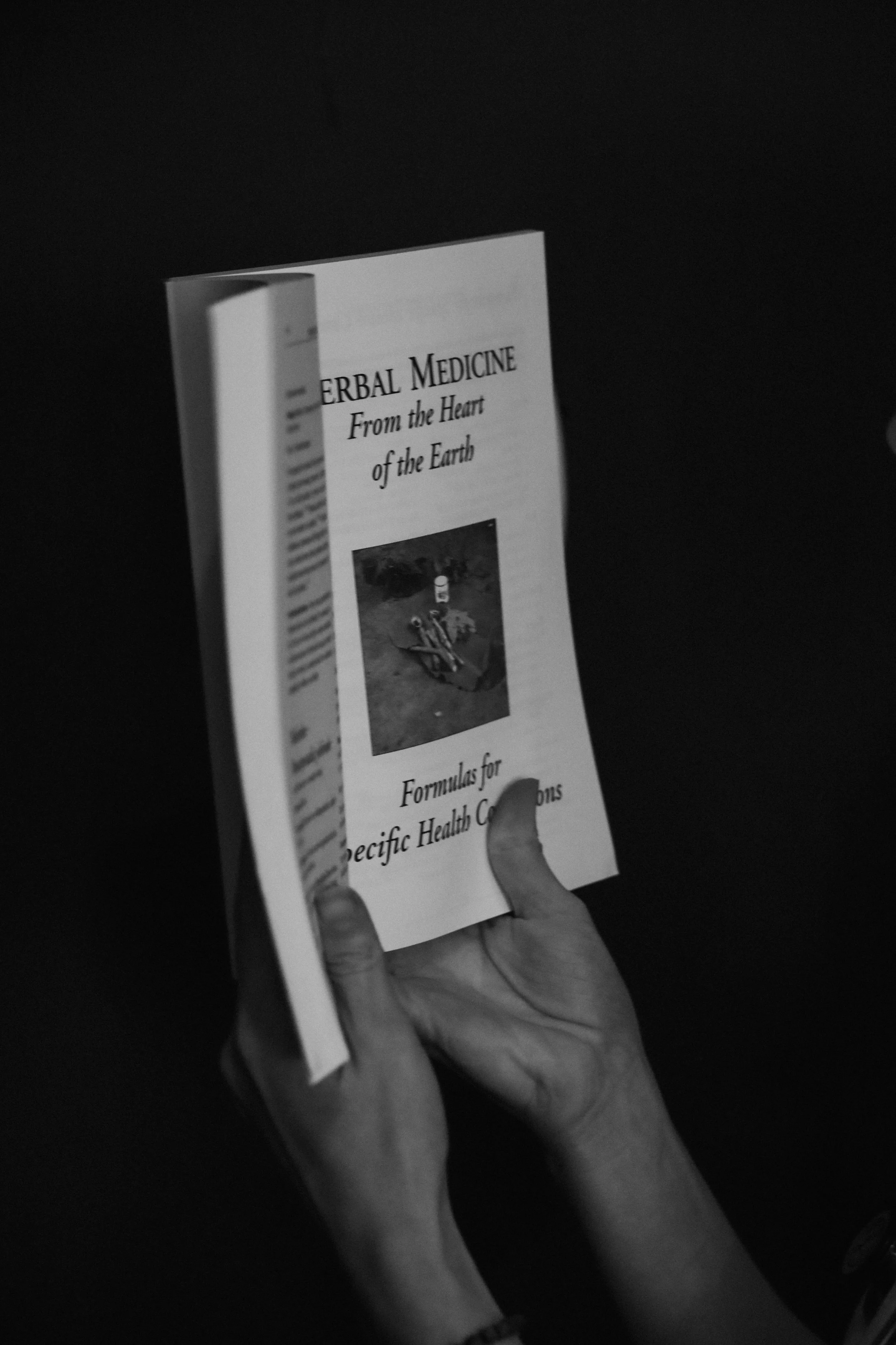 A person holding a booklet titled "Herbal Medicine From the Heart of the Earth" with a subtitle "Formulas for Specific Health Conditions".