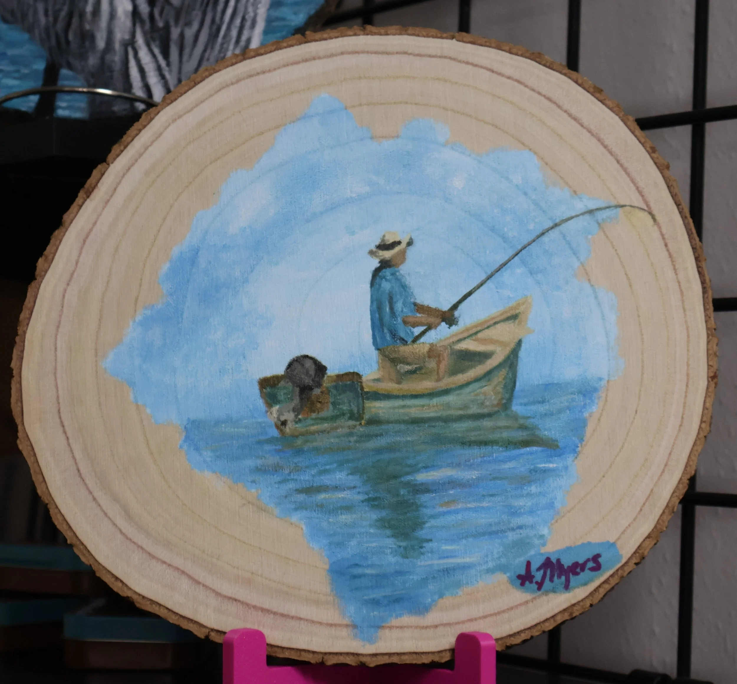 Handcrafted Fishing Scene Wood Slice Art