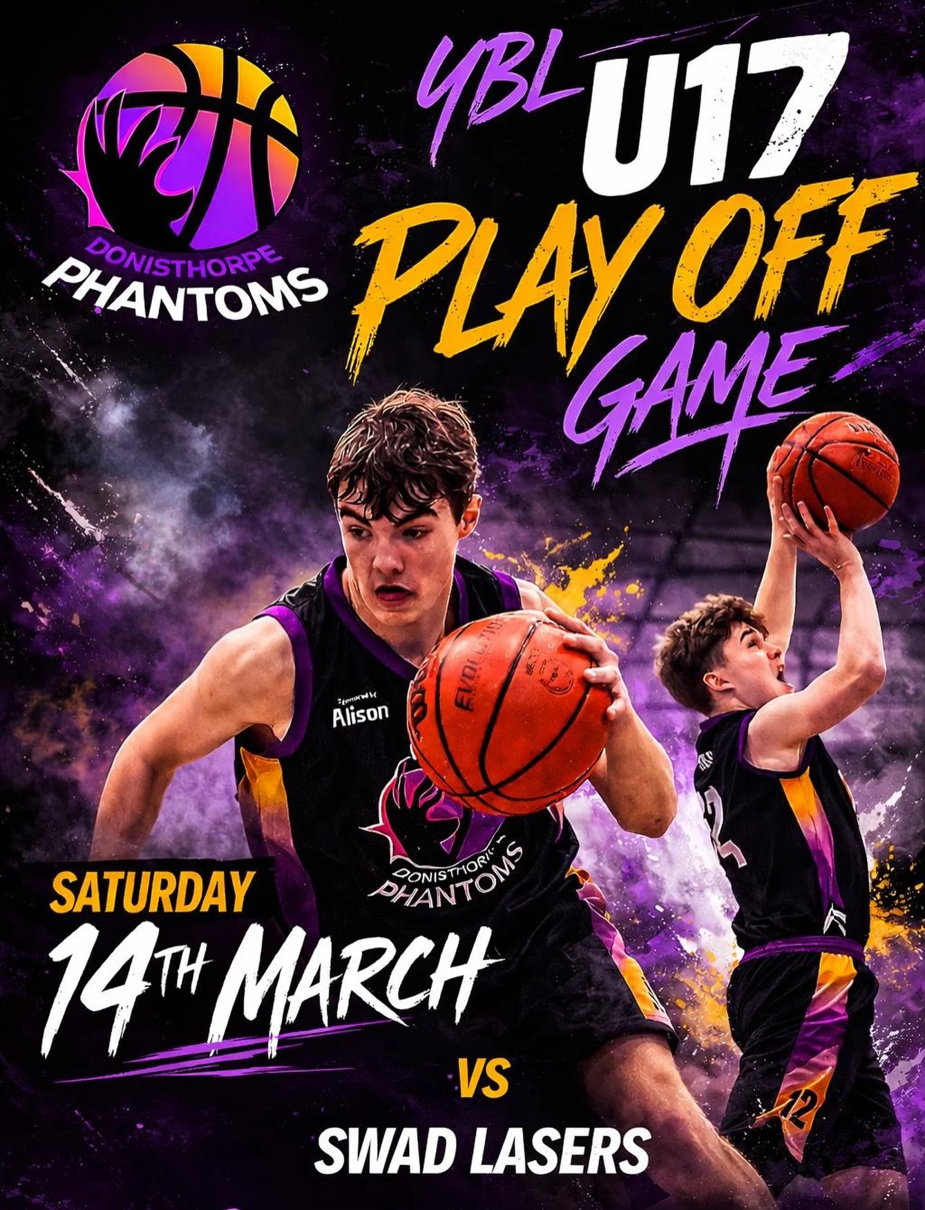 Playoff Time ⏰

Come and support our U17s as they take on Swadlincote Lasers at Ivanhoe School this Saturday 👾

15:15 tip off with the chance to move on in the post-season!

#PhantomsBasketball #HauntTheCourt