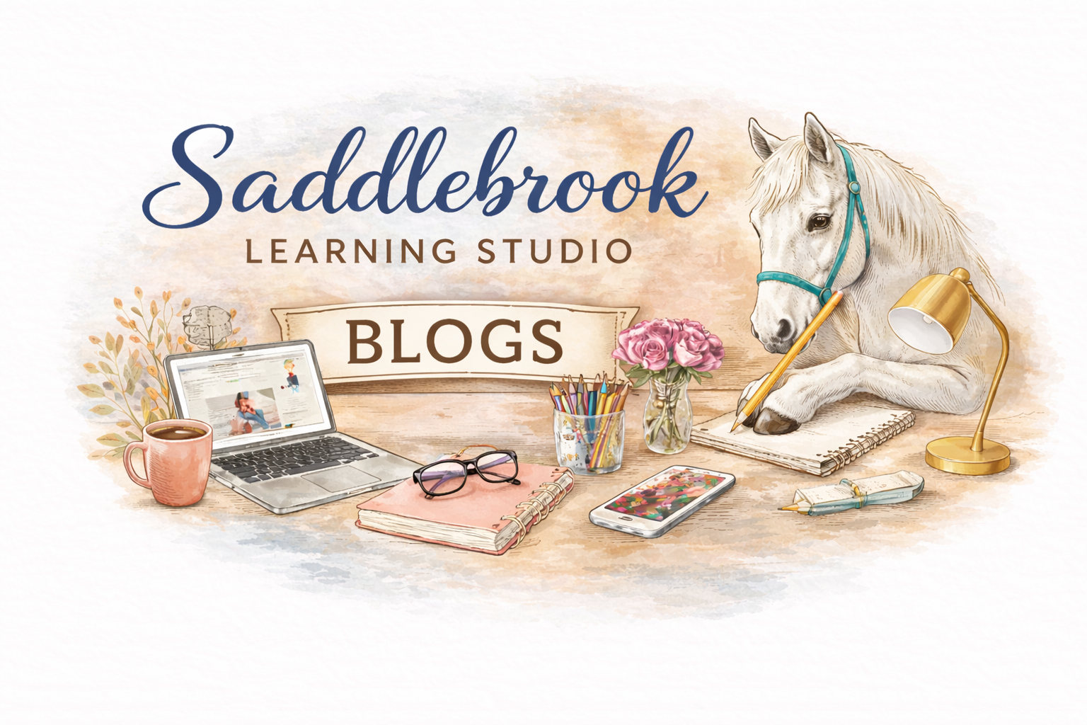 Image of white deslk with open laptop, pink flowers, lamp, notepad with glasses on top and an inspirational picture in the pack (partially cutoff)