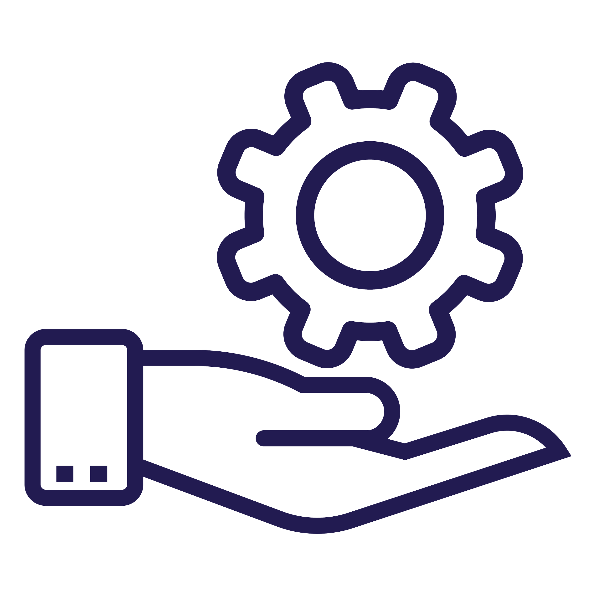 Outline icon of a hand holding a gear, representing settings or technical management.