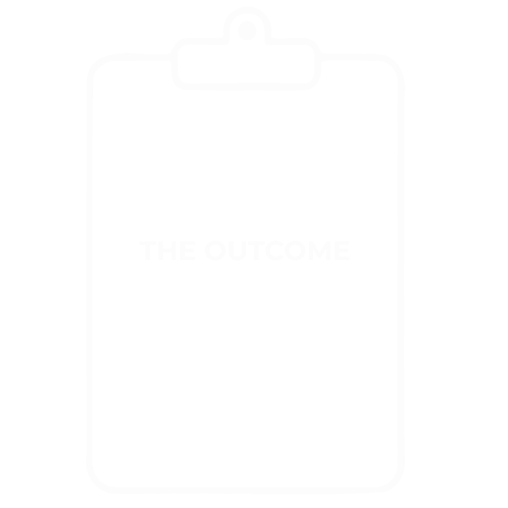 Outline of a clipboard with the words "THE OUTCOME" written in the center.