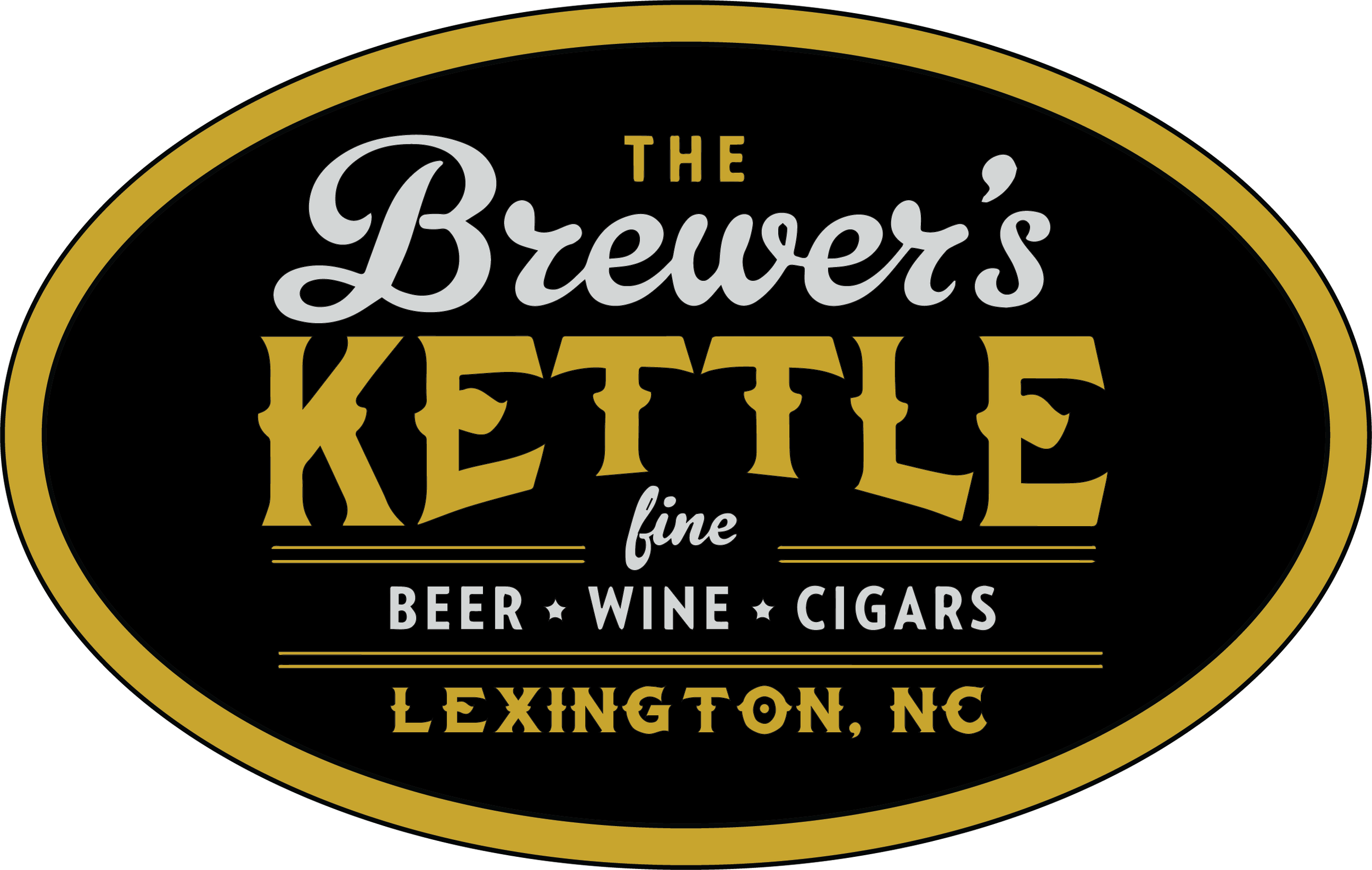 A black oval sign with gold border displaying the text "The Brewer's Kettle Fine Beer, Wine, Cigars, Lexington, NC" in white and gold lettering.