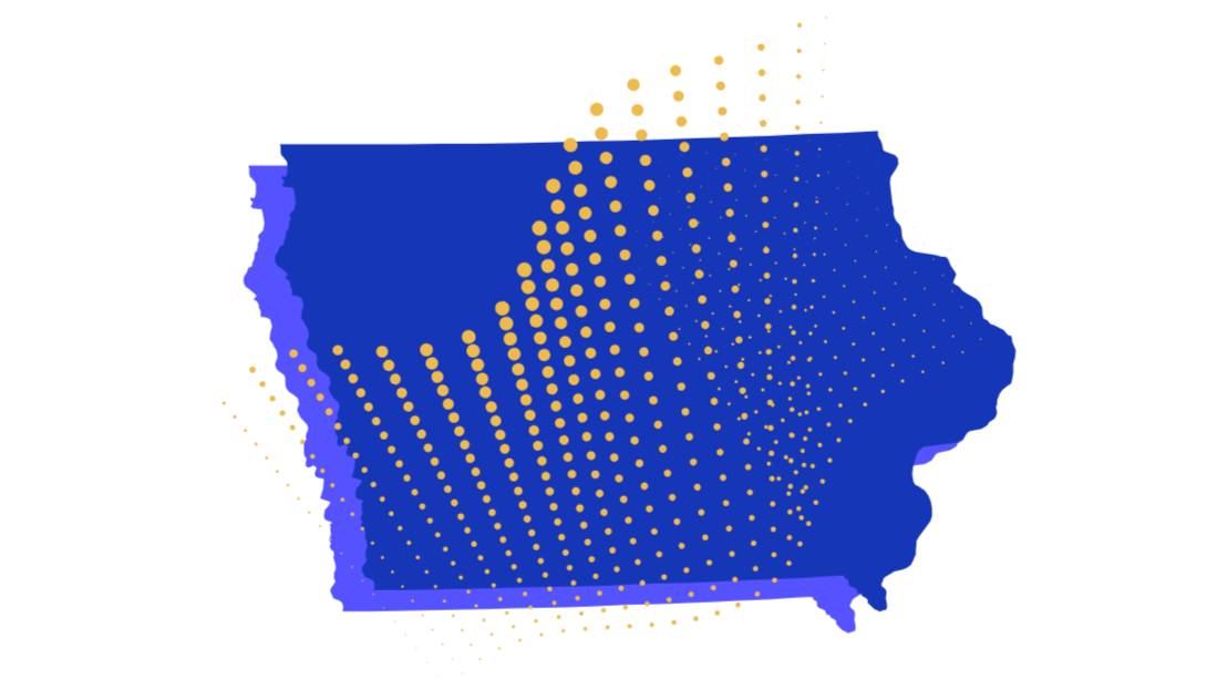 Stylized digital map of the state of Missouri in dark blue with yellow dots radiating outward.