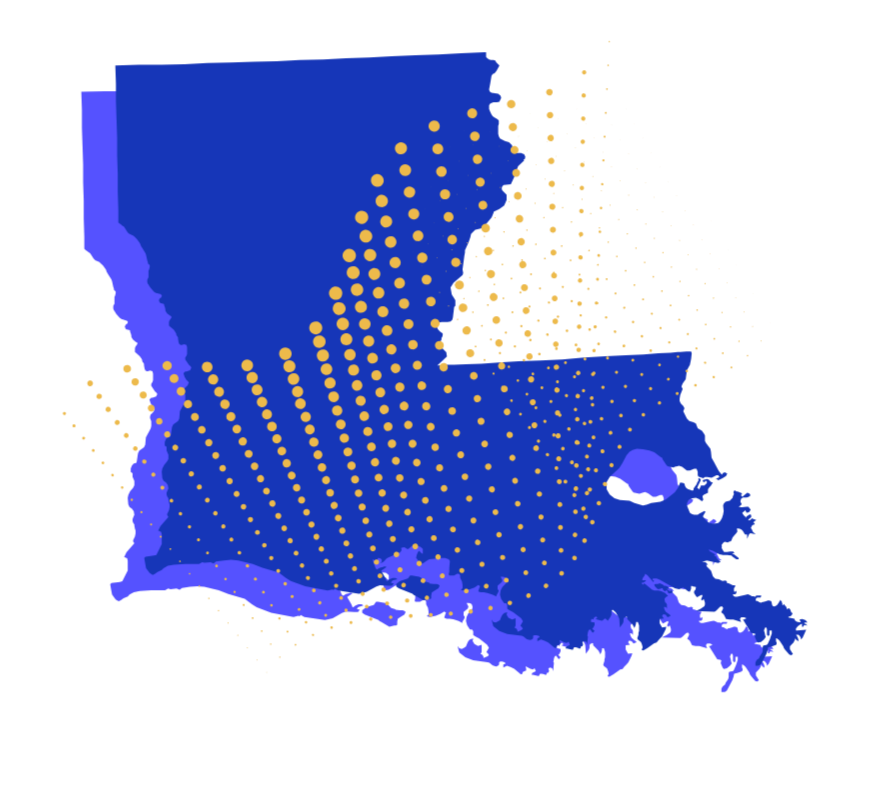 Map of Louisiana with stylized yellow dotted rays emanating from a central point in the eastern part of the state.