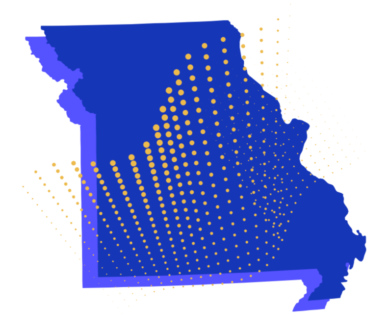 Stylized map of Missouri overlaid with golden dotted patterns