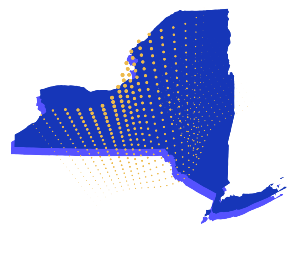 A digital, stylized map of New York State with blue outline and yellow dotted pattern overlay.